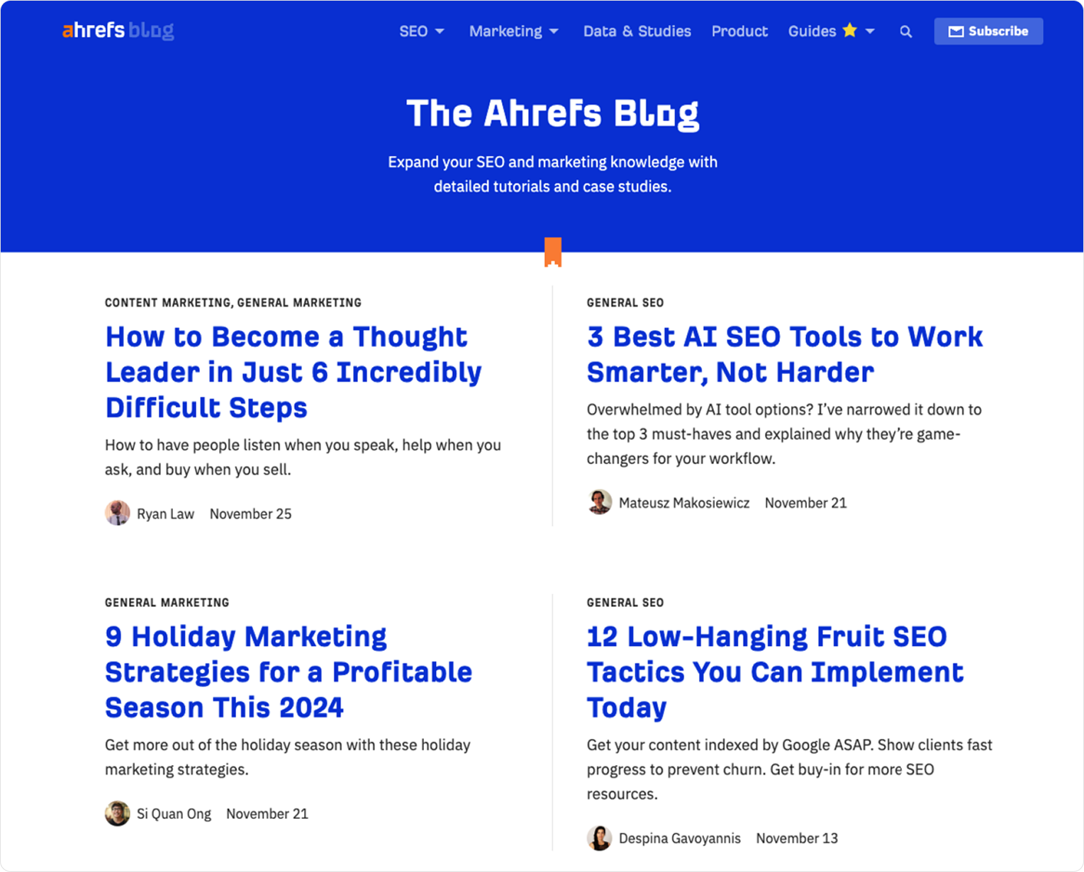 Главная страница блога Ahrefs со списком статей и разделами