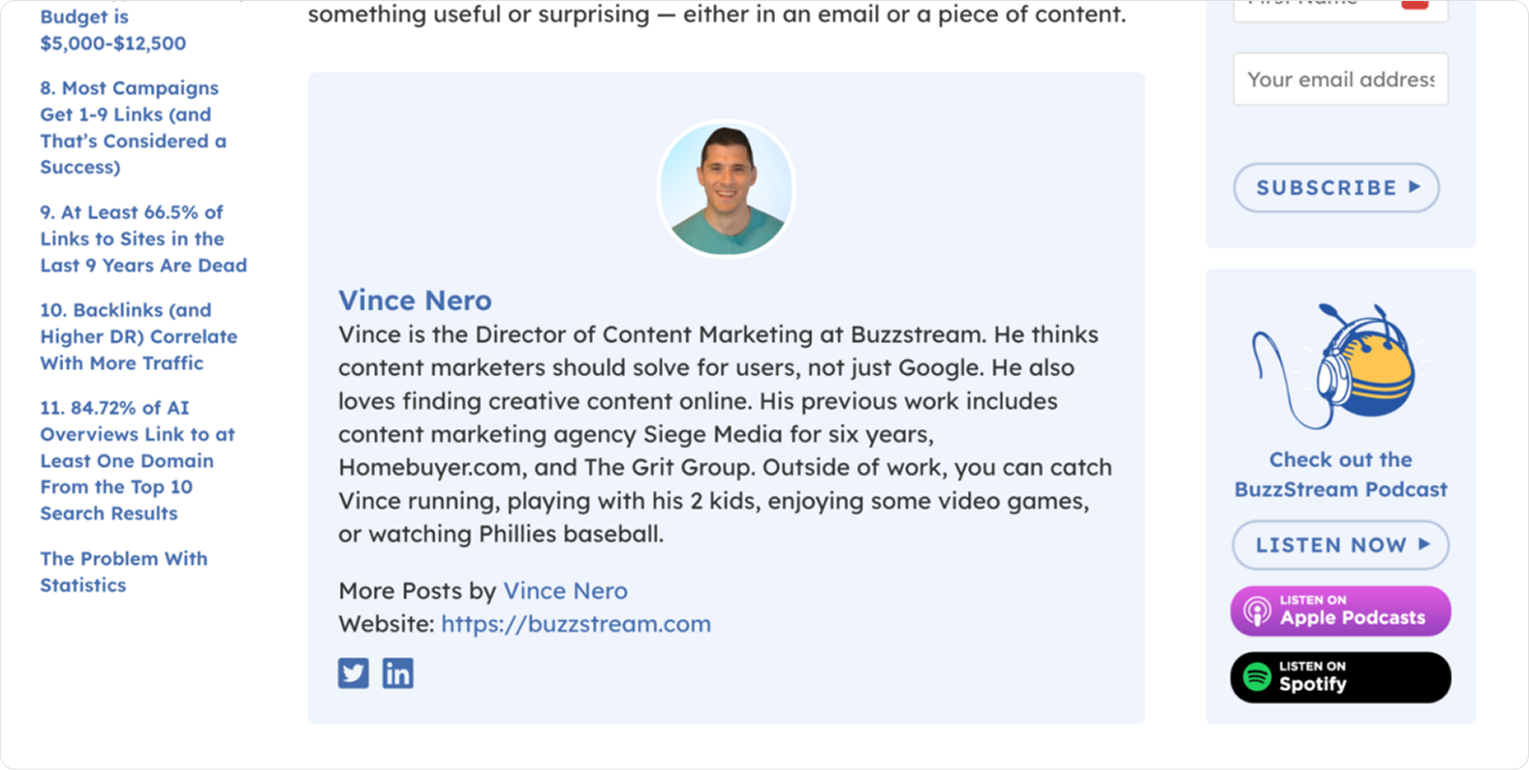 Блок с информацией об авторе Vince Nero в статье блога BuzzStream