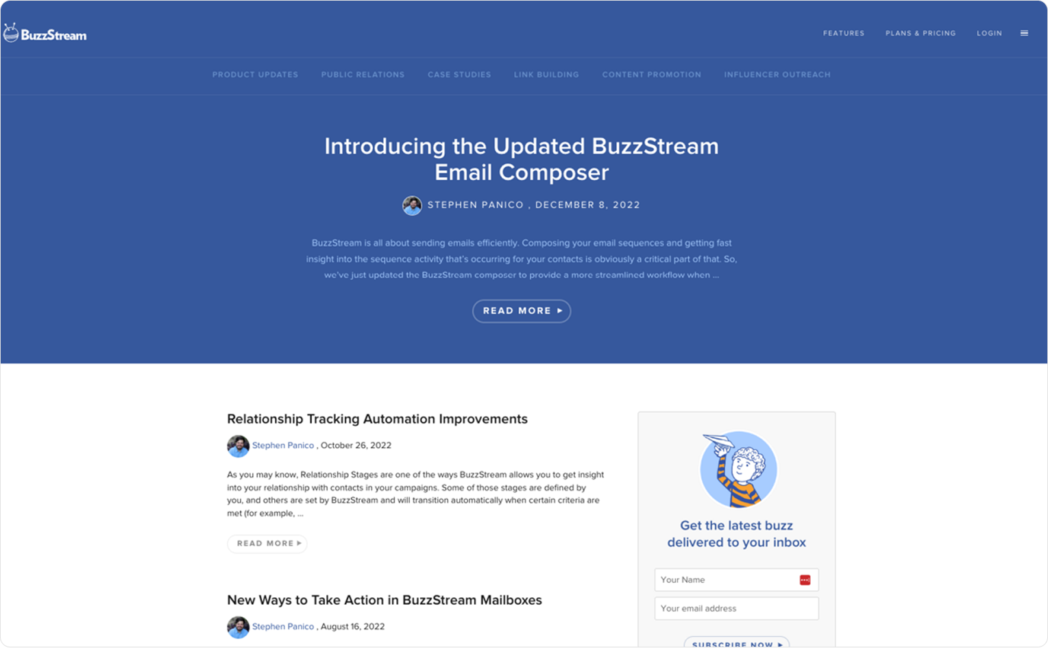 Главная страница блога BuzzStream со списком последних статей