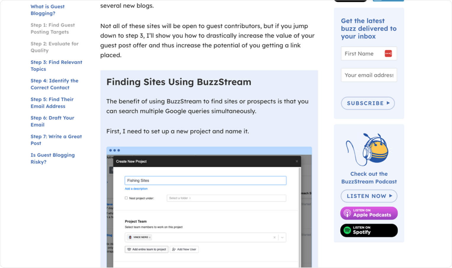 Синий блок с примером сценария работы в BuzzStream
