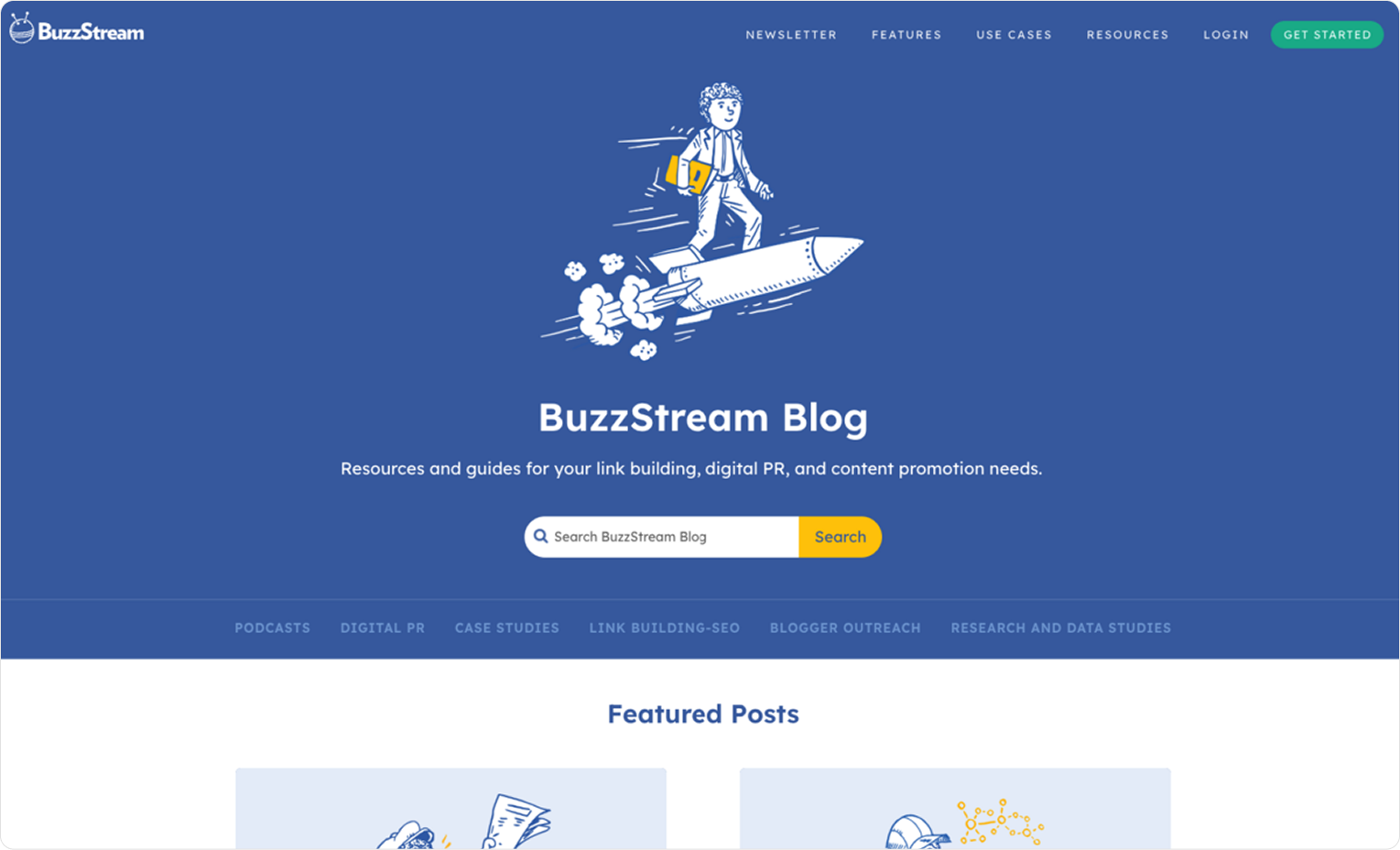 Главная страница обновленного блога BuzzStream с поиском и категориями