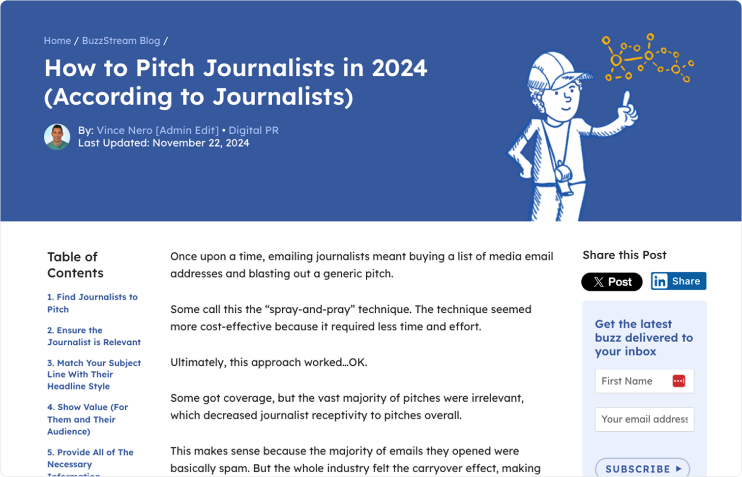 Статья «How to Pitch Journalists in 2024» в блоге BuzzStream