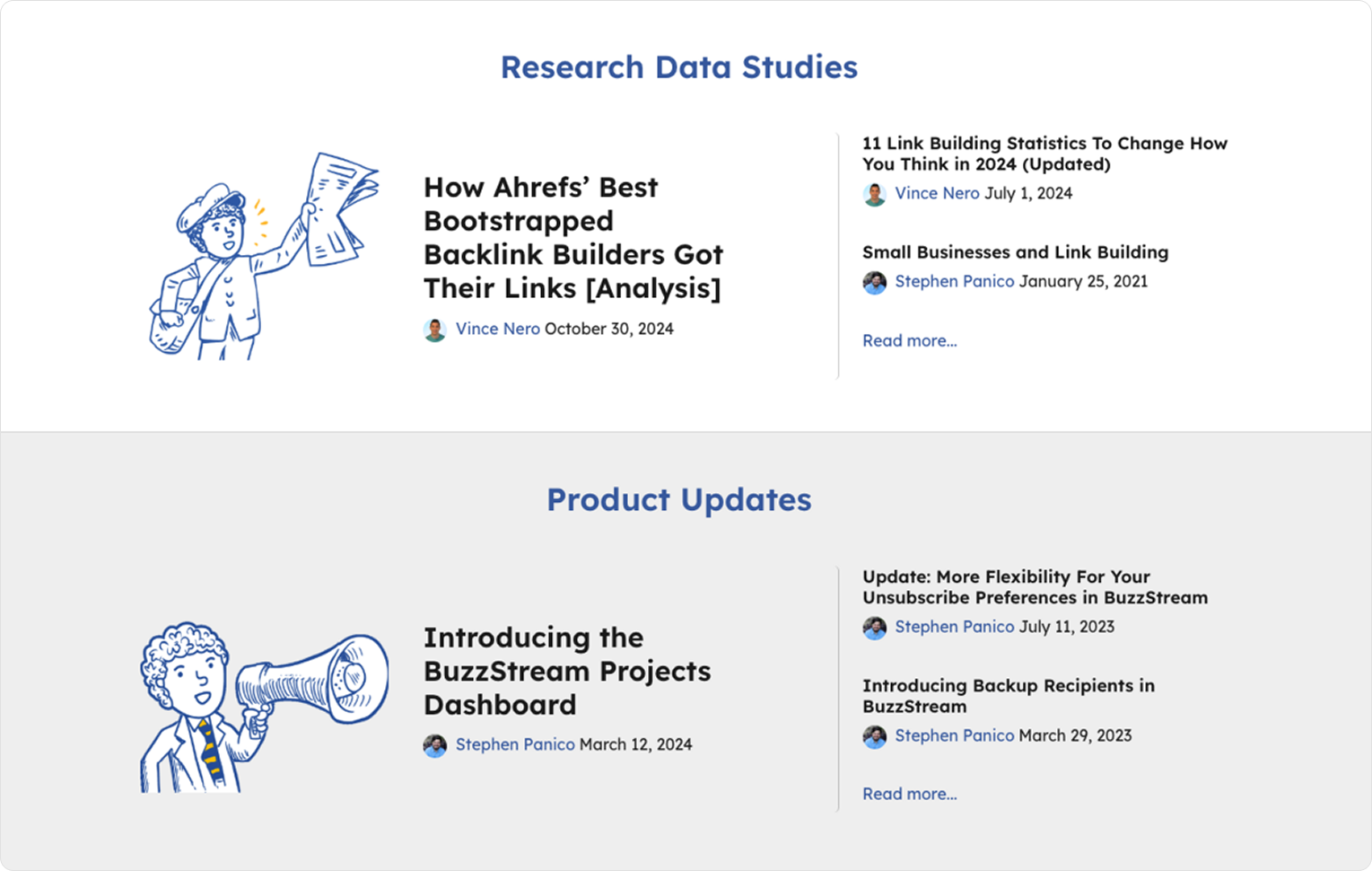 Разделы блога BuzzStream с категориями Research Data Studies и Product Updates