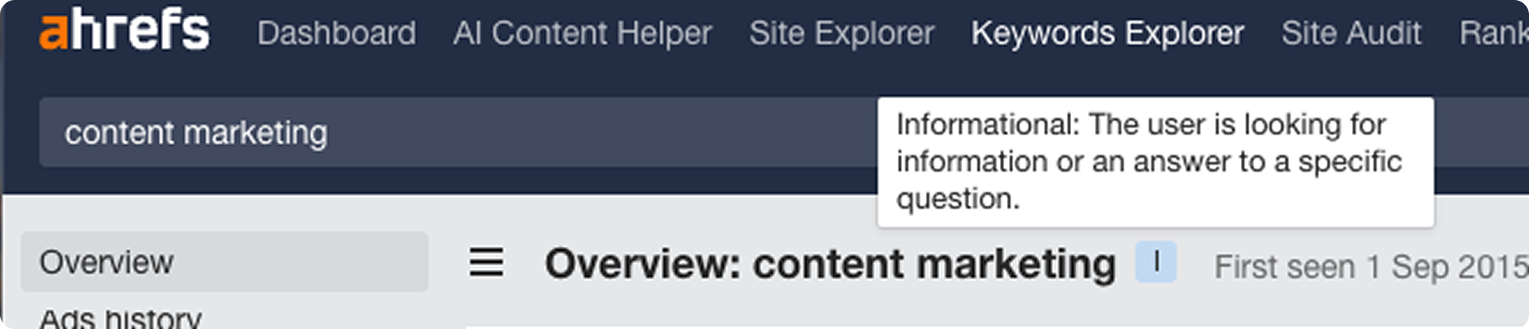 Интерфейс Ahrefs Keywords Explorer с фильтрацией ключевых слов по поисковому интенту