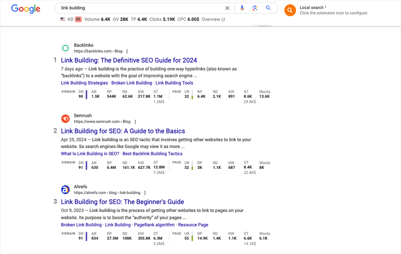 Результаты поиска Google по запросу «link building» с сайтами конкурентов