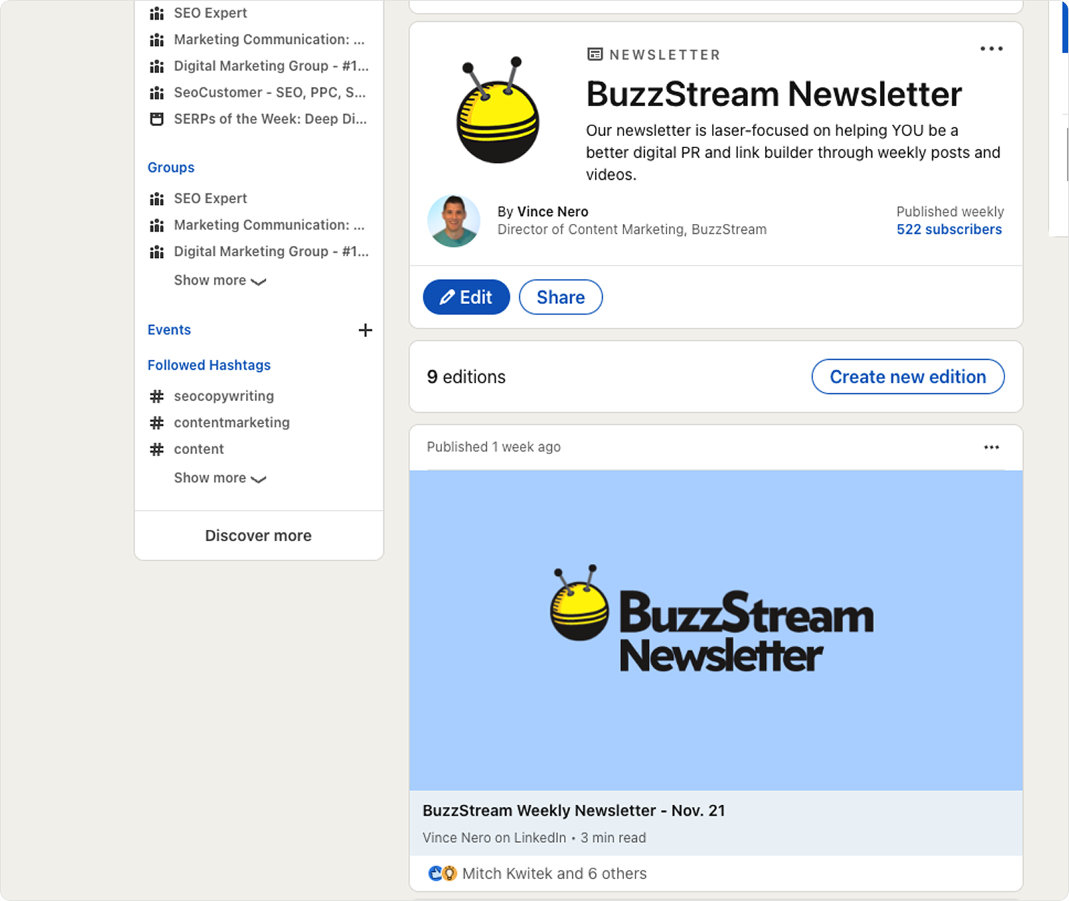 Страница LinkedIn-рассылки BuzzStream Newsletter