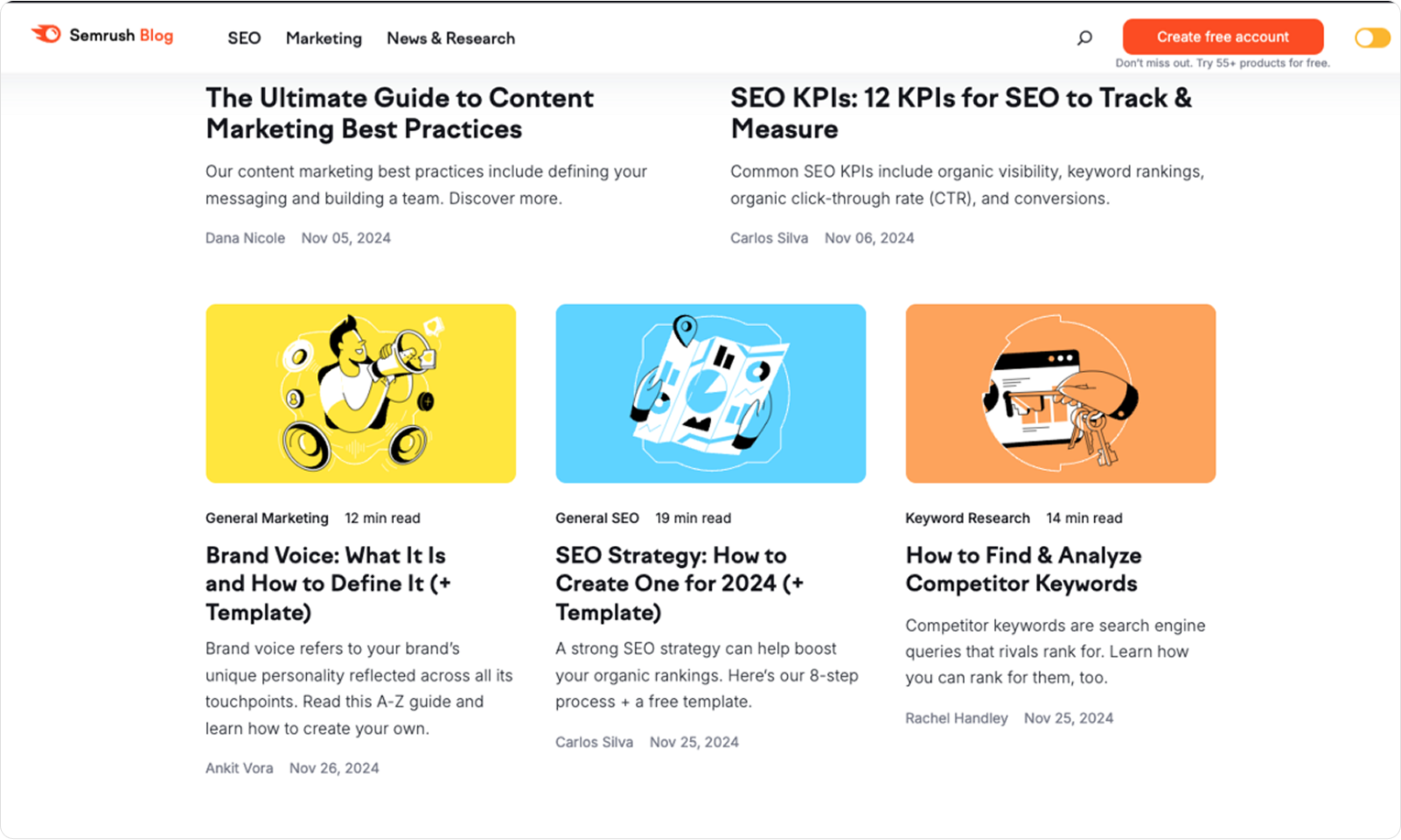 Главная страница блога Semrush с карточками статей