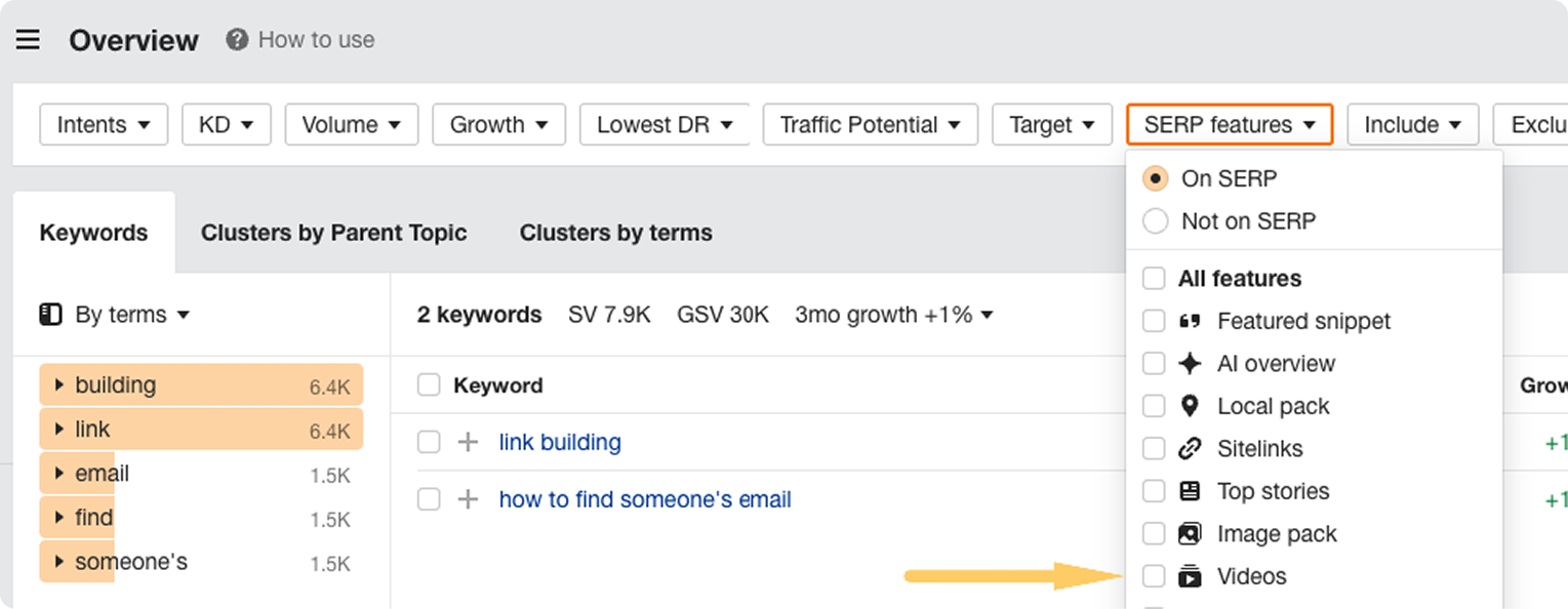 Фильтр SERP features в Ahrefs Keywords Explorer с отмеченным блоком Videos