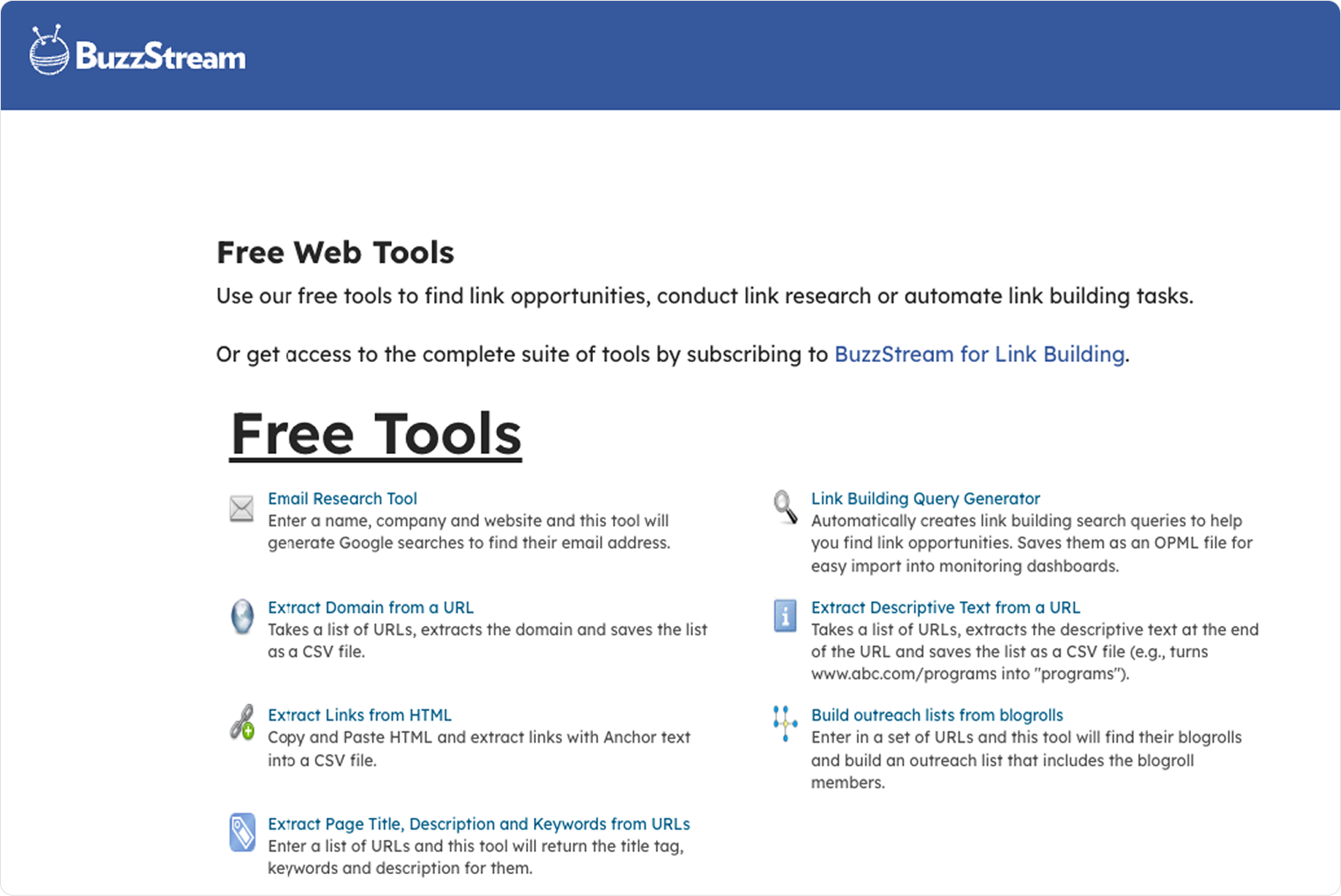 Страница Free Tools на сайте BuzzStream с набором бесплатных SEO-инструментов