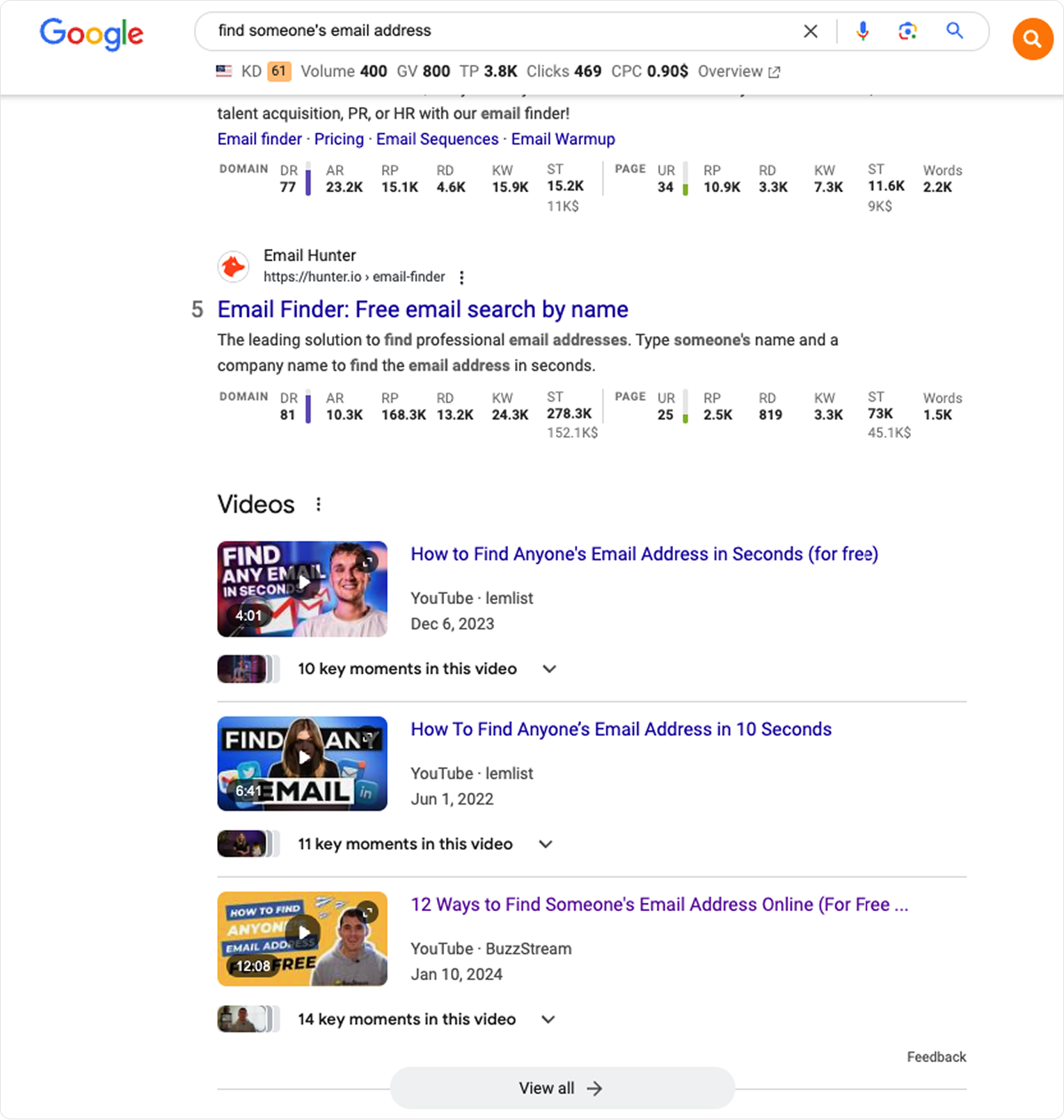 Результаты поиска Google по запросу «find someone's email address» с блоком видео
