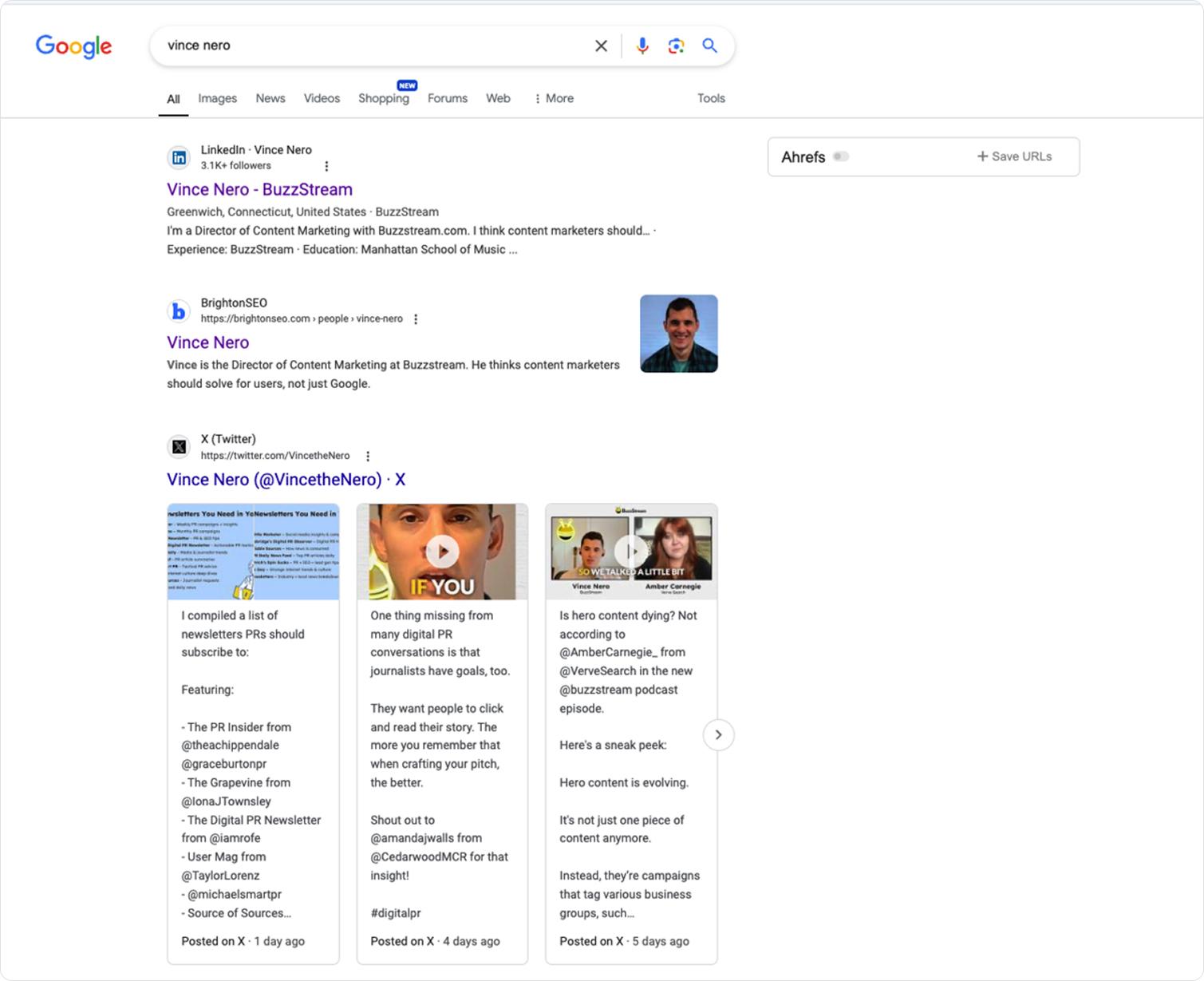 Результаты поиска Google по имени автора с профилем и статьями