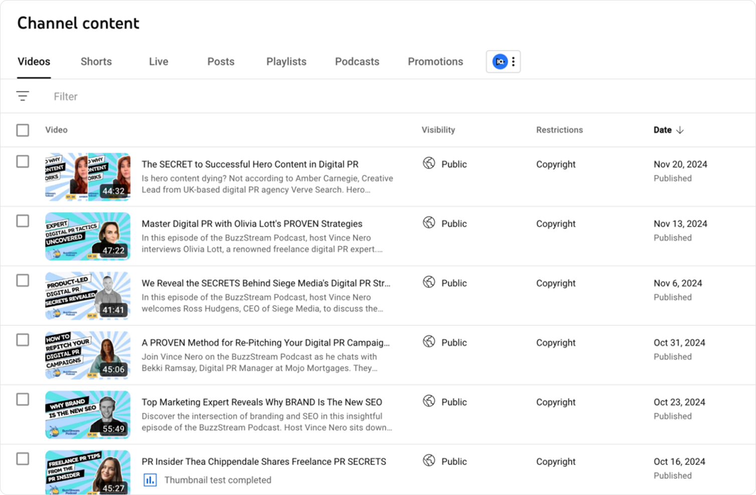 Список эпизодов подкаста на YouTube-канале BuzzStream