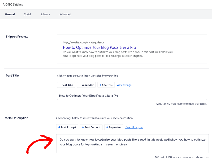 Поле Meta Description в редакторе записи AIOSEO