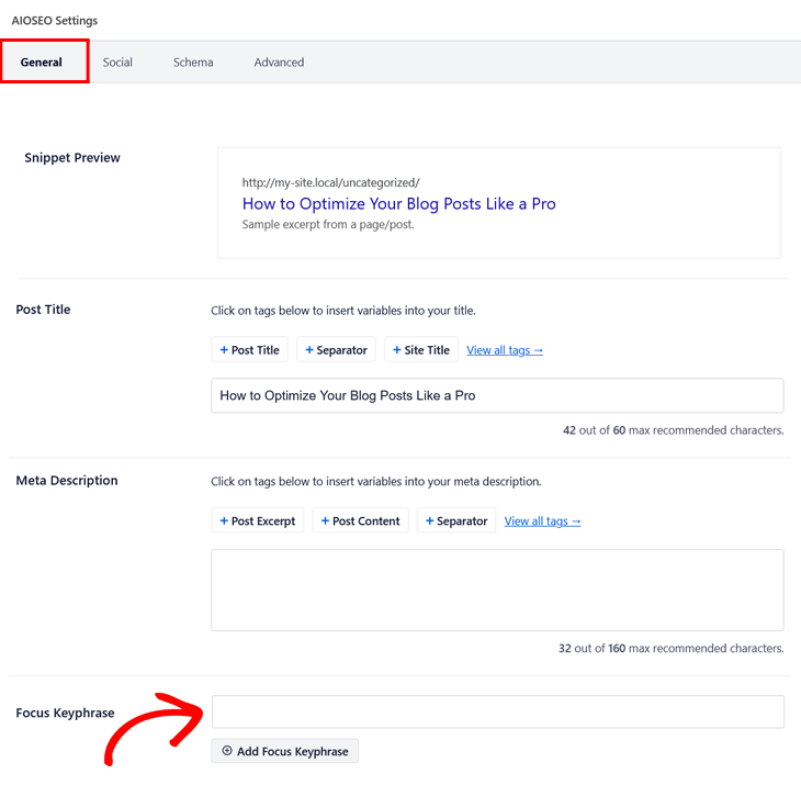 Поле Focus Keyphrase в настройках AIOSEO General