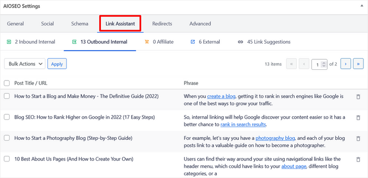 Список рекомендаций по перелинковке во вкладке Link Assistant